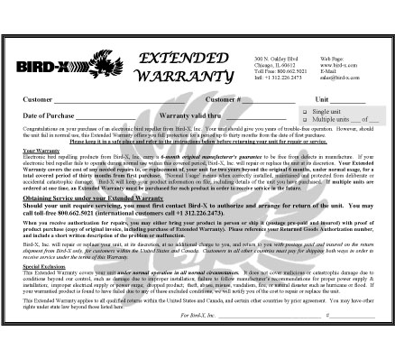 Bird-X Extended Warranty Image Bird-X Extended Warranty Image